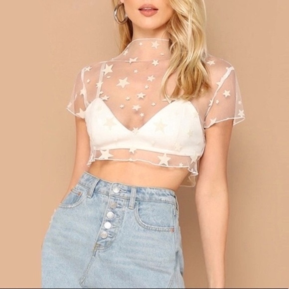 Star mesh coverup crop top blouse in white - Picture 2 of 8